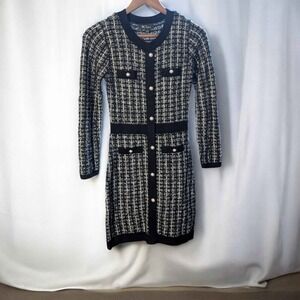BCX Black White Tweed Knit Dress Women's Small Pearl Button Long Sleeve